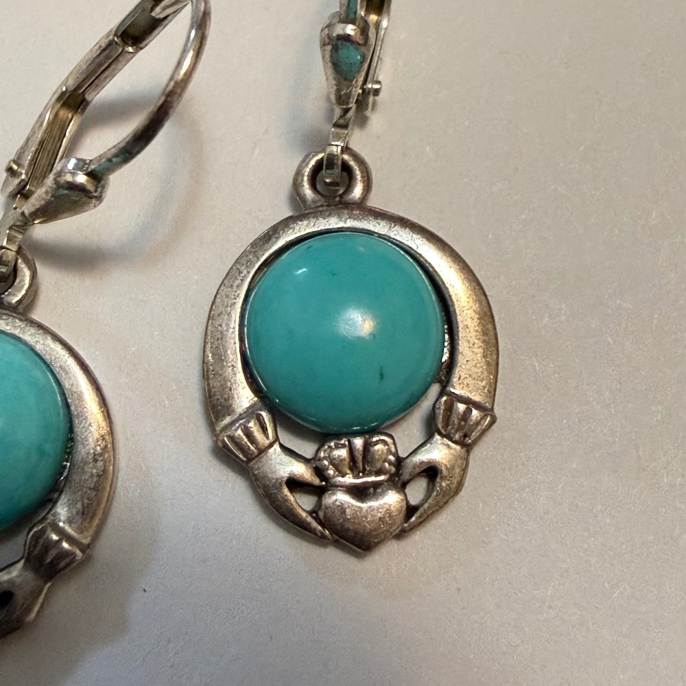 Vintage Sterling Silver Heart Earrings Ireland 925 Turquoise Claddagh Celtic - Picture 3 of 8